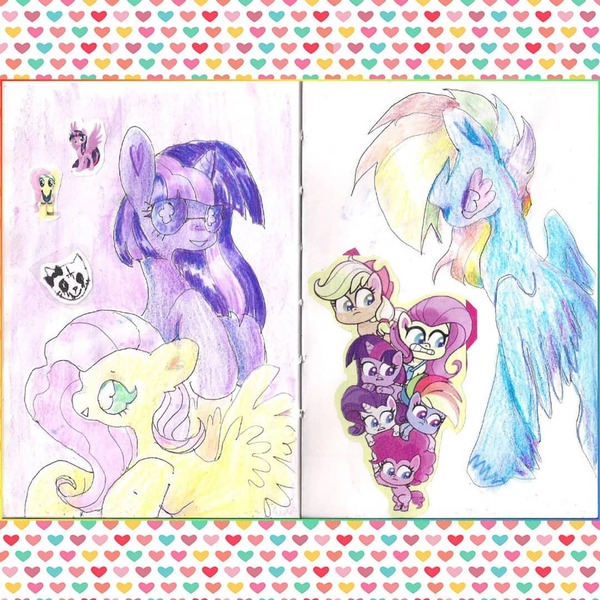 Size: 1080x1080 | Tagged: safe, artist:larvaecandy, derpibooru import, applejack, fluttershy, pinkie pie, rainbow dash, rarity, twilight sparkle, pegasus, pony, unicorn, my little pony: pony life, blue coat, bust, colored pencil drawing, colored pinnae, colored sketch, eyelashes, female, g4, glasses, heart ears, horn, image, jpeg, leg fluff, mane six, mare, multicolored hair, multicolored mane, patterned background, pink eyes, pink mane, profile, purple coat, purple eyes, purple mane, rainbow hair, raised hoof, raised hooves, round glasses, short horn, sketch, sketch dump, smiling, spread wings, sticker, teal eyes, traditional art, two toned mane, unicorn horn, unicorn twilight, unshorn fetlocks, wavy mane, wingding eyes, wings, yellow coat