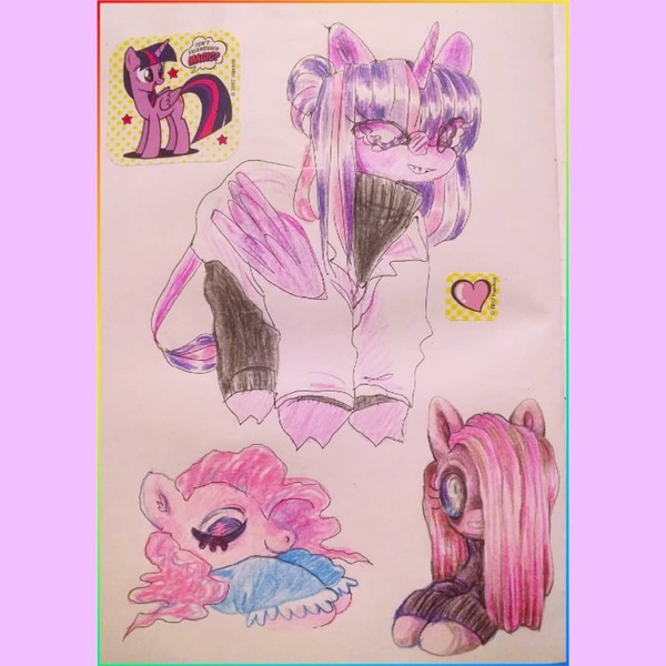 Size: 1080x1080 | Tagged: safe, artist:larvaecandy, derpibooru import, pinkie pie, twilight sparkle, alicorn, earth pony, pony, blue eyes, border, clothes, cloven hooves, colored pencil drawing, colored pinnae, curly mane, duality, eye clipping through hair, eyelashes, eyes closed, eyeshadow, female, floating heart, folded wings, glasses, group, hair bun, heart, image, jpeg, lab coat, leonine tail, looking at you, makeup, mare, multicolored mane, multicolored tail, nightgown, pink coat, pink mane, pinkamena diane pie, purple coat, purple eyes, quartet, round glasses, shiny mane, shiny tail, small glasses, smiling, standing, staring into your soul, sticker, straight mane, sweater, tail, tied mane, traditional art, turtleneck, wingding eyes, wings