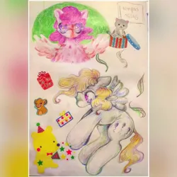 Size: 1080x1080 | Tagged: safe, artist:larvaecandy, derpibooru import, pinkie pie (g3), starsong, pegasus, pony, g3, abstract background, blonde mane, blonde tail, colored pencil drawing, colored pinnae, cream coat, curly mane, curly tail, female, image, jpeg, looking at you, mare, no mouth, purple coat, purple eyes, purple mane, spread wings, staring into your soul, sticker, tail, traditional art, wings, zoom layer