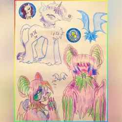 Size: 1080x1080 | Tagged: safe, artist:larvaecandy, derpibooru import, rarity, oc, bat, classical unicorn, pony, unicorn, alternate design, alternate eye color, chest fluff, choker, cloven hooves, colored horn, colored pencil drawing, colored pinnae, female, g4, horn, image, jpeg, leonine tail, long tail, mare, non-pony oc, profile, purple eyes, purple mane, purple tail, shiny mane, shiny tail, short mane, smiling, sticker, tail, tail fluff, traditional art, trio, unshorn fetlocks, white coat