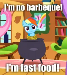 Size: 530x600 | Tagged: safe, derpibooru import, edit, edited screencap, screencap, rainbow dash, pony, magical mystery cure, adventures of sonic the hedgehog, angry, caption, cauldron, g4, image, image macro, person as food, png, sonic the hedgehog (series), text, tied up