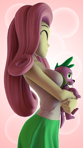 Size: 1080x1920 | Tagged: suggestive, artist:sfmaniaceq, derpibooru import, fluttershy, spike, spike the regular dog, dog, human, equestria girls, 3d, breasts, clothes, eyes closed, g4, hug, image, png, side view, slender, source filmmaker, thin