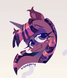 Size: 1102x1267 | Tagged: safe, artist:bishopony, derpibooru import, twilight sparkle, pony, unicorn, blush scribble, blushing, bust, female, freckles, gradient background, image, lidded eyes, looking at you, mare, png, signature, smiling, smiling at you, solo, unicorn twilight