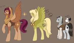 Size: 2627x1524 | Tagged: safe, artist:lesghostie, derpibooru import, oc, oc:dizzy twist, oc:far'way, oc:simon says, unofficial characters only, earth pony, pegasus, pony, brown background, coat markings, crack ship offspring, goggles, goggles around neck, image, magical gay spawn, male, offspring, parent:daring do, parent:derpy hooves, parent:hoo'far, parent:quibble pants, parent:sans smirk, parent:zephyr breeze, parents:dar'far, parents:derpybreeze, parents:quibblesmirk, png, raised hoof, simple background, socks (coat marking), spread wings, stallion, trio, wings