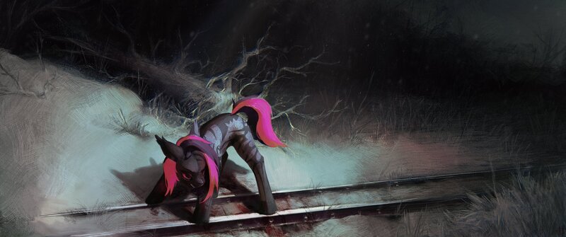 Size: 4096x1715 | Tagged: safe, artist:rvsd, derpibooru import, oc, unofficial characters only, earth pony, pony, commission, crouching, detailed background, image, jpeg, red eyes, scenery, solo, spotlight, train tracks, widescreen