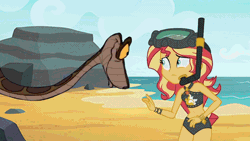 Size: 1920x1080 | Tagged: safe, artist:ocean lover, derpibooru import, edit, edited screencap, screencap, sunset shimmer, human, python, snake, equestria girls, animated, antagonist, background, bare midriff, bare shoulders, beach, beach babe, belly button, bikini, boulder, clothes, coy, crossover, disney, disney villains, facing each other, g4, gif, image, kaa, link in description, looking at each other, looking at someone, midriff, moving, ocean, sand, scared, sky, sleeveless, snorkel, sunset shimmer swimsuit, sunset shimmer's beach shorts swimsuit, swimsuit, the jungle book, video, water, youtube, youtube link, youtube video