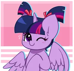 Size: 3964x3766 | Tagged: safe, artist:kittyrosie, derpibooru import, twilight sparkle, twilight sparkle (alicorn), alicorn, pony, blushing, cute, female, high res, horn, image, looking at you, mare, one eye closed, pigtails, png, signature, solo, twiabetes, twintails, wings, wink, winking at you