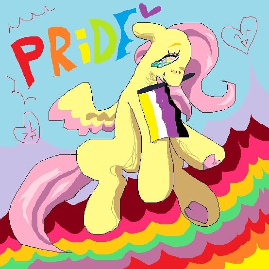 Size: 554x554 | Tagged: safe, artist:larvaecandy, derpibooru import, fluttershy, pegasus, pony, abstract background, colored eyebrows, colored wings, colored wingtips, countershading, emanata, floating heart, frog (hoof), heart, hoof heart, image, jpeg, mouth hold, mouthpiece, ms paint, nonbinary, nonbinary pride flag, pink mane, pink tail, politics, pride, pride flag, quality, rainbow, rainbow text, shiny mane, shiny tail, sitting, smiling, solo, spread wings, starry eyes, tail, teal eyes, text, two toned wings, underhoof, wingding eyes, wings, yellow coat