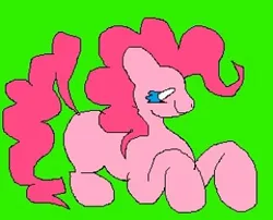 Size: 320x258 | Tagged: safe, artist:larvaecandy, derpibooru import, pinkie pie, earth pony, pony, blue eyes, curly mane, curly tail, eyestrain warning, female, g4, green background, image, jpeg, jumping, lidded eyes, mare, missing cutie mark, ms paint, pink coat, pink mane, pink tail, profile, saturated, simple background, smiling, solo, tail, wingding eyes