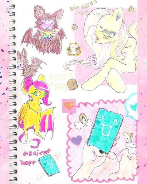 Size: 640x801 | Tagged: safe, artist:larvaecandy, derpibooru import, fluttershy, bat, pegasus, pony, colored eyebrows, colored pencil drawing, colored pinnae, colored pupils, colored sclera, crying, female, frown, g4, green eyes, group, heart ears, image, jpeg, leg fluff, lidded eyes, long legs, long mane, lying down, mare, marker drawing, passepartout, pink mane, purple sclera, race swap, sad, sketch, sketch dump, spread wings, teal eyes, thin legs, traditional art, wingding eyes, wings