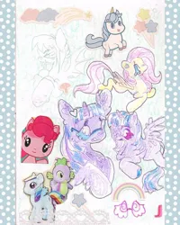 Size: 640x801 | Tagged: safe, artist:larvaecandy, derpibooru import, fluttershy, pinkie pie, rainbow dash, spike, twilight sparkle, twilight sparkle (alicorn), oc, alicorn, bat pony, pegasus, unicorn, alternate eye color, alternate hair color, alternate tail color, alternate tailstyle, bat pony oc, bat wings, blue eyes, colored eyebrows, colored pencil drawing, colored sketch, duality, frown, glasses, hoof fluff, horn, image, jpeg, leonine tail, long mane, long tail, looking back, lying down, open mouth, pink mane, pink tail, prone, purple coat, purple eyes, raised hoof, raised hooves, self paradox, self ponidox, short horn, sitting, sketch, sketch dump, spread wings, sticker, tail, traditional art, two toned mane, two toned tail, unicorn twilight, wingding eyes, wings, yellow coat