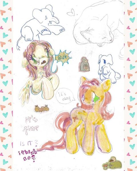 Size: 640x801 | Tagged: safe, artist:larvaecandy, derpibooru import, fluttershy, cat, elephant, pegasus, pony, alternate eye color, colored pencil drawing, colored sketch, desaturated, dialogue, duality, female, folded wings, g4, green eyes, image, jpeg, long mane, long tail, mare, marker drawing, pink mane, pink tail, profile, raised hoof, raised hooves, self paradox, self ponidox, sketch, sketch dump, speech bubble, standing, tail, text, traditional art, wavy mane, wavy tail, wingding eyes, wings, wings down, yellow coat