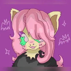 Size: 1440x1440 | Tagged: safe, artist:larvaecandy, derpibooru import, fluttershy, anthro, pony, :3, alternate eye color, big ears, black shirt, blush scribble, blushing, bust, clothes, colored pinnae, ear fluff, eye clipping through hair, eyelashes, eyeshadow, female, g4, green eyes, image, jpeg, lidded eyes, looking away, makeup, mare, ms paint, neck fluff, open mouth, open smile, portrait, purple background, shirt, simple background, smiling, solo, sparkles, wingding eyes