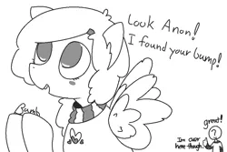 Size: 911x610 | Tagged: safe, artist:castafae, derpibooru import, oc, oc:anon, oc:autumnal potpourri, unofficial characters only, pegasus, pony, blind, blushing, bump, clothes, dialogue, female, floppy ears, hairclip, image, mare, monochrome, png, simple background, smiling, spread wings, sweater, white background, wings