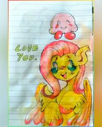 Size: 640x800 | Tagged: safe, artist:larvaecandy, derpibooru import, fluttershy, pony, blush scribble, blushing, border, colored eyebrows, colored hooves, colored pinnae, colored wings, colored wingtips, duo, ear tufts, female, image, jpeg, kirby, kirby (series), leg fluff, lined paper, long mane, mare, marker drawing, open mouth, open smile, partially open wings, pink mane, raised hoof, raised hooves, shiny hooves, shiny mane, smiling, solo focus, teal eyes, text, traditional art, two toned wings, unshorn fetlocks, wingding eyes, wings, yellow coat, yellow text
