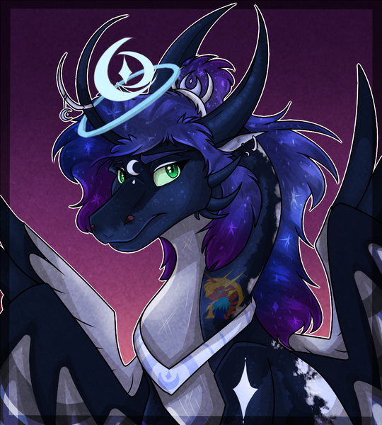 Size: 972x1080 | Tagged: safe, artist:stormy-the-dragon, derpibooru import, princess luna, alicorn, dragon, blue mane, bust, crepuscular rays, crown, curved horn, digital art, dragon wings, dragonified, ethereal mane, eyelashes, eyeshadow, feather, female, g4, gem, green eyes, hair, horn, horns, hybrid wings, image, jewelry, lidded eyes, logo, looking at you, lunadragon, makeup, night, peytral, png, portrait, purple background, race swap, regalia, scales, simple background, smiling, smiling at you, solo, sparkles, species swap, spread wings, starry mane, stars, watermark, wings, wrong eye color