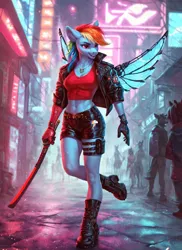 Size: 1024x1408 | Tagged: safe, ai content, derpibooru import, machine learning generated, prompter:star-dragon, stable diffusion, rainbow dash, anthro, pegasus, breasts, busty rainbow dash, city, cybernetic arm, cybernetic wings, cyberpunk, female, g4, generator:pony diffusion v6 xl, image, katana, neon, png, solo, street, sword, weapon, wings