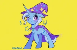 Size: 1864x1225 | Tagged: safe, artist:inzomniak, derpibooru import, trixie, pony, unicorn, blushing, brooch, cape, clothes, emanata, female, floppy ears, g4, hat, horn, image, jewelry, looking at you, mare, one eye closed, png, raised hoof, signature, simple background, smiling, smiling at you, solo, stars, trixie's brooch, trixie's cape, trixie's hat, white pupils, wink, winking at you, yellow background