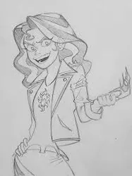 Size: 194x259 | Tagged: dead source, safe, artist:imthejvn, sunset shimmer, equestria girls, equestria girls (movie), belt, big crown thingy, clothes, cutie mark, cutie mark on clothes, element of magic, evil grin, female, grin, hand on hip, image, jacket, jewelry, jpeg, leather jacket, looking at you, monochrome, open smile, picture for breezies, regalia, simple background, smiling, solo, traditional art, white background