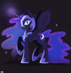 Size: 1800x1856 | Tagged: safe, artist:inzomniak, derpibooru import, nightmare moon, alicorn, pony, armor, colored eyelashes, concave belly, ethereal mane, ethereal tail, female, g4, glow, glowing horn, helmet, hoof shoes, horn, image, jewelry, looking at you, magic, mare, peytral, png, princess shoes, purple background, raised hoof, regalia, shadow, signature, simple background, solo, spread wings, stars, tail, wings