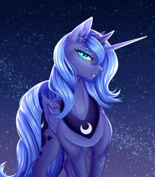 Size: 2628x3000 | Tagged: safe, artist:minelvi, derpibooru import, princess luna, alicorn, pony, blue background, blue eyes, blue mane, chest fluff, concave belly, crown, curved horn, cute, digital art, ear fluff, ethereal mane, eyelashes, eyeshadow, feather, female, flowing mane, folded wings, g4, glow, happy, high res, horn, image, jewelry, lidded eyes, looking at you, makeup, mare, moon, moonlight, night, peytral, png, redraw, regalia, s1 luna, signature, simple background, smiling, smiling at you, solo, sparkles, spread wings, starry mane, starry night, stars, teeth, wings