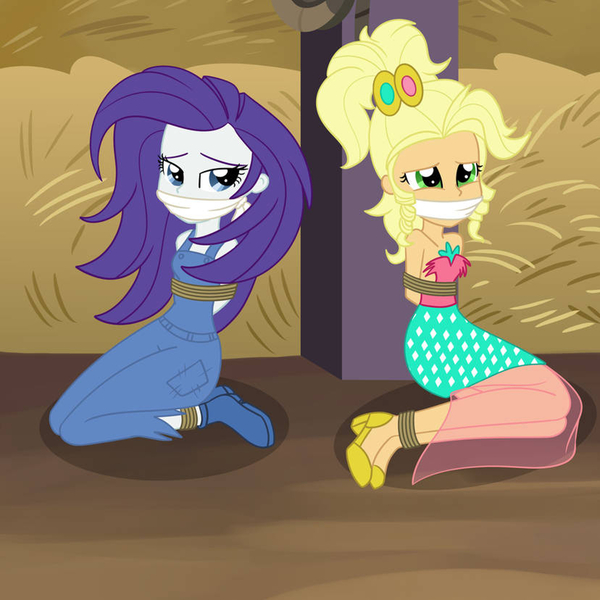 Size: 2000x2000 | Tagged: safe, artist:nie-martw-sie-o-mnie, derpibooru import, applejack, rarity, equestria girls, applejewel, bondage, clothes, dress, g4, gag, gown, image, jpeg, rarihick, tied up