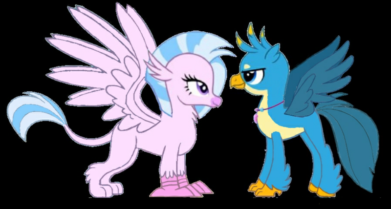 Size: 900x481 | Tagged: safe, artist:martizo, derpibooru import, gallus, silverstream, classical hippogriff, gryphon, hippogriff, black background, duo, female, head swap, image, jewelry, lidded eyes, looking at each other, looking at someone, male, necklace, png, recolor, simple background, spread wings, wings