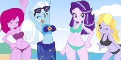 Size: 2800x1400 | Tagged: safe, artist:aokushan, derpibooru import, fuchsia blush, lavender lace, starlight glimmer, trixie, equestria girls, beach, clothes, g4, image, png, swimsuit