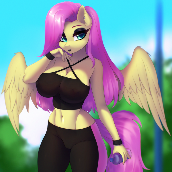 Size: 4000x4000 | Tagged: questionable, artist:yutakira92, derpibooru import, ponerpics import, fluttershy, oc, unofficial characters only, anthro, big breasts, black lipstick, breasts, clothes, female, fluttergoth, goth, image, jogging, lipstick, not fluttershy, piercing, png, solo, solo female