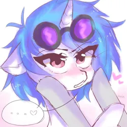 Size: 1188x1188 | Tagged: safe, artist:inxinfate, derpibooru import, octavia melody, vinyl scratch, pony, unicorn, ..., blushing, bust, duo, duo female, eye clipping through hair, eyebrows, eyebrows visible through hair, female, floppy ears, g4, heart, hooves on cheeks, horn, image, lesbian, mare, offscreen character, png, scratchtavia, shipping, signature, simple background, vinyl's glasses, white background