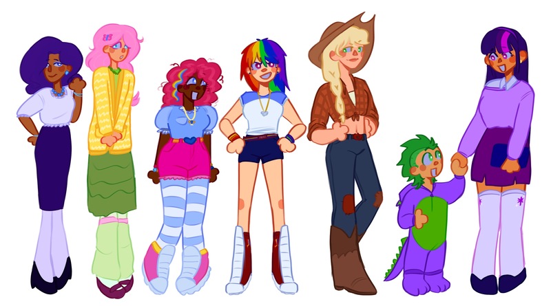 Size: 3497x1946 | Tagged: safe, artist:cloudiyeti, derpibooru import, applejack, fluttershy, pinkie pie, rainbow dash, rarity, spike, twilight sparkle, human, alternate hairstyle, applejack's hat, belly button, belt, book, boots, bracelet, cardigan, clothes, cowboy boots, cowboy hat, dark skin, denim, ear piercing, earring, female, flannel, flats, grin, hat, high heels, holding hands, humanized, image, jeans, jewelry, jpeg, leg warmers, looking at each other, looking at someone, male, mane seven, mane six, necklace, onesie, pants, piercing, shirt, shoes, shorts, simple background, size difference, skirt, smiling, socks, stockings, striped socks, sweater, t-shirt, thigh highs, white background