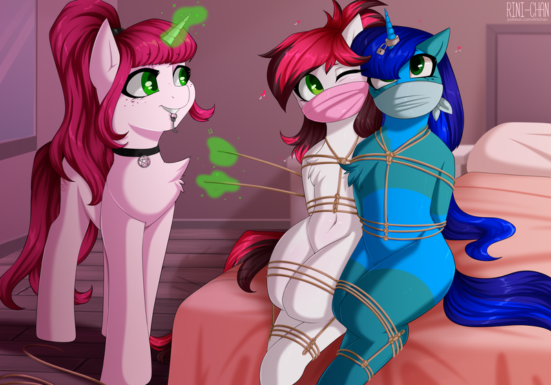 Size: 2500x1746 | Tagged: suggestive, artist:rinikka, derpibooru import, oc, oc:siren, pegasus, unicorn, asexual, bed, bondage, cloth gag, gag, horn, image, magic, penetration, png, rope, sex, tied up