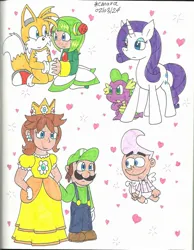 Size: 1700x2189 | Tagged: safe, artist:cmara, derpibooru import, rarity, spike, dragon, pony, unicorn, cosmo, cupid, date, female, heart, horn, image, jpeg, luigi, male, miles "tails" prower, princess daisy, shipping, signature, simple background, sonic the hedgehog (series), sparity, sparkles, straight, super mario bros., the fairly oddparents, traditional art, white background