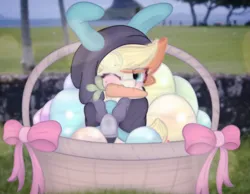 Size: 2076x1614 | Tagged: safe, artist:sodapop sprays, derpibooru import, oc, oc:sodapop sprays, pegasus, pony, basket, bunny suit, carrot, clothes, costume, dangerous mission outfit, easter, easter basket, easter egg, food, goggles, hawaii, holiday, hoodie, image, irl background, looking at you, png, real life background, solo