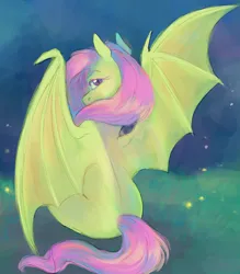 Size: 1400x1600 | Tagged: safe, artist:abbytabbys, derpibooru import, fluttershy, bat pony, pony, alternate eye color, bat ponified, bat wings, colored eyebrows, detailed background, digital painting, eyebrows, female, flutterbat, g4, grass, image, lidded eyes, long mane, long tail, looking at you, looking back, looking back at you, mare, narrowed eyes, night, one wing out, pink eyes, pink mane, pink tail, png, race swap, shiny mane, shiny tail, sitting, slit pupils, solo, spread wings, tail, wingding eyes, wings