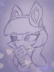 Size: 1957x2609 | Tagged: safe, artist:sodapop sprays, derpibooru import, oc, oc:t'trot, pony, embarrassed, image, looking away, love note, png, solo, star trek, star trek (tos), traditional art, vulcan