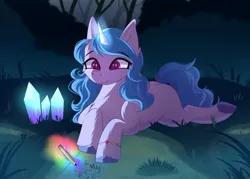 Size: 2048x1463 | Tagged: safe, artist:maxi_ponie, derpibooru import, izzy moonbow, pony, unicorn, g5, crystal, drawing, eyebrows, eyebrows visible through hair, female, glow, glowing horn, grass, horn, image, jpeg, levitation, lying down, magic, magic aura, mare, outdoors, paper, pencil, prone, smiling, solo, sploot, tail, telekinesis, unshorn fetlocks