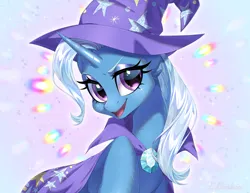 Size: 3500x2700 | Tagged: safe, artist:e-boi, derpibooru import, trixie, pony, unicorn, absurd resolution, blue background, blue mane, blushing, cape, clothes, cute, digital art, ear fluff, eyelashes, eyeshadow, female, g4, gem, glow, gradient background, happy, hat, high res, hoof fluff, horn, image, lidded eyes, looking at you, makeup, mare, neck fluff, open mouth, open smile, pink eyes, png, raised hoof, signature, simple background, smiling, smiling at you, solo, sparkles, stars, teeth, trixie's cape, trixie's hat