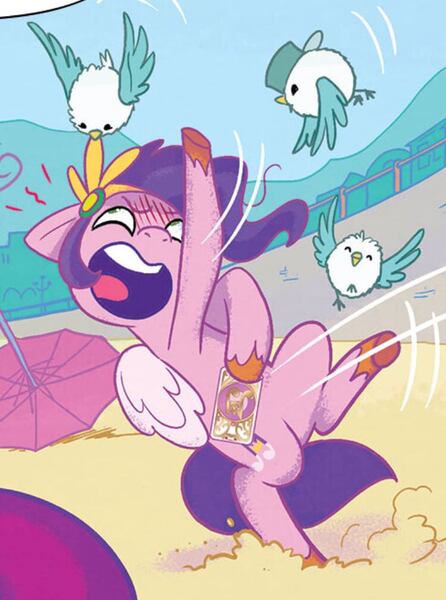 Size: 750x1009 | Tagged: safe, artist:amy mebberson, derpibooru import, idw, kenneth, pipp petals, bird, pegasus, pony, seagull, g5, spoiler:comic, spoiler:g5comic, adorable distress, cropped, cute, emanata, female, flying, funny background event, image, jpeg, male, mare, mobile phone, my little pony: set your sail, phone, pipp's phone, smartphone, solo, spread wings, steven, unshorn fetlocks, wings