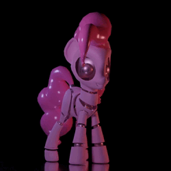 Size: 1000x1000 | Tagged: safe, derpibooru import, pinkie pie, earth pony, pony, robot, robot pony, 3d, 3d model, animated, animatronic, black background, blender, blender cycles, cute, female, g4, image, mare, movement, physics, reflection, simple background, solo, video, webm