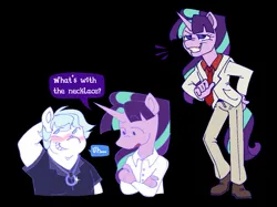 Size: 1337x1001 | Tagged: safe, artist:partyponypower, derpibooru import, double diamond, starlight glimmer, anthro, earth pony, plantigrade anthro, pony, unicorn, arm behind head, black background, blue eyes, blue mane, blushing, button-up shirt, chubby, clothes, colored pinnae, crossed arms, dialogue, dot eyes, dress shirt, dress shoes, duality, duo, duo male and female, emanata, eye clipping through hair, eyebrows, eyebrows visible through hair, female, g4, hand on hip, horn, image, jewelry, jpeg, long horn, looking at something, looking away, looking to the right, male, mare, narrowed eyes, necklace, necktie, open mouth, pants, physique difference, pink coat, ponytail, purple eyes, s5 starlight, sheepish grin, shirt, sideways glance, simple background, smiling, speech bubble, stallion, suit, t-shirt, talking, text, thin, tied mane, two toned mane, white coat
