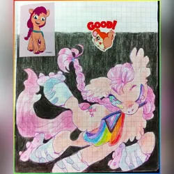 Size: 1080x1080 | Tagged: safe, artist:larvaecandy, derpibooru import, sunny starscout, earth pony, pony, g5, blue eyes, braid, braided ponytail, chest fluff, colored eyebrows, colored eyelashes, colored pencil drawing, ear fluff, female, g4, graph paper, image, jpeg, mare, mouth hold, no mouth, orange coat, ponytail, progress pride flag, purple mane, purple tail, roller skates, shiny mane, shiny tail, skates, skating, solo focus, sticker, tail, tied mane, traditional art, wingding eyes