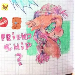 Size: 1080x1080 | Tagged: safe, artist:larvaecandy, derpibooru import, sunny starscout, earth pony, pony, g5, blushing, braid, braided ponytail, bust, colored eyebrows, ear fluff, female, graph paper, green eyes, image, jpeg, mare, orange coat, passepartout, pink mane, pink text, ponytail, profile, smiling, solo, sticker, text, tied mane, traditional art, wingding eyes