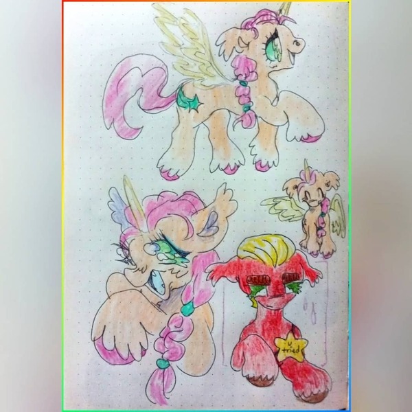 Size: 1080x1080 | Tagged: safe, artist:larvaecandy, derpibooru import, sprout cloverleaf, sunny starscout, alicorn, earth pony, pony, g5, my little pony: a new generation, artificial horn, artificial wings, augmented, blush scribble, blushing, braid, braided ponytail, coat markings, colored hooves, colored mouth, colored pinnae, colored sketch, duo, duo male and female, ear tufts, eyes closed, fangs, female, green eyes, horn, image, jpeg, lidded eyes, long mane, long tail, looking at something, magic, magic horn, magic wings, male, mare, narrowed eyes, one wing out, open mouth, open smile, orange coat, pink mane, pink tail, ponytail, race swap, raised hoof, raised hooves, red coat, shiny mane, shiny tail, short mane, sketch, sketch dump, smiling, socks (coat marking), solo focus, spread wings, stallion, standing, sunnycorn, tail, thick eyebrows, tied mane, traditional art, triality, unshorn fetlocks, wings, yellow mane
