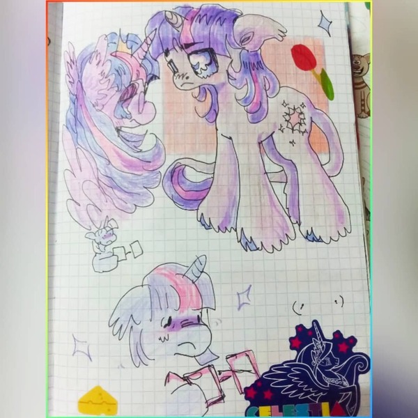 Size: 1080x1080 | Tagged: safe, artist:larvaecandy, derpibooru import, twilight sparkle, twilight sparkle (alicorn), alicorn, classical unicorn, pony, unicorn, alternate eye color, blue eyes, cloven hooves, colored pinnae, colored sketch, ear tufts, eye clipping through hair, eyebrows, female, frown, g4, glasses, graph paper, hoof hold, horn, image, jpeg, leonine tail, lidded eyes, long mane, long tail, mare, multicolored mane, multicolored tail, narrowed eyes, passepartout, purple coat, purple eyes, round glasses, sketch, sketch dump, solo, sparkles, spread wings, sticker, tail, unicorn horn, unicorn twilight, unshorn fetlocks, wings