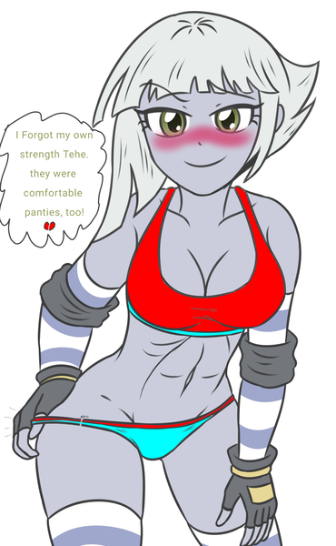 Size: 2042x3307 | Tagged: questionable, artist:sumin6301 edits, derpibooru import, edit, limestone pie, human, equestria girls, accident, accidental tearing, belly button, blue panties, blushing, blushing profusely, bra, breasts, butt, clothes, dialogue, elbow pads, eyebrows, eyebrows visible through hair, eyelashes, female, fingerless gloves, g4, gloves, green eyes, grey hair, heartbreak, high res, horny, image, leaning forward, light blue panties, looking at you, muscles, panties, panties pulled down, png, pulling, red bra, ripped panties, ripped underwear, ripping, seductive look, simple background, smiling, smiling at you, socks, solo, solo female, striped socks, tearing, text, thigh highs, torn clothes, underwear, white background