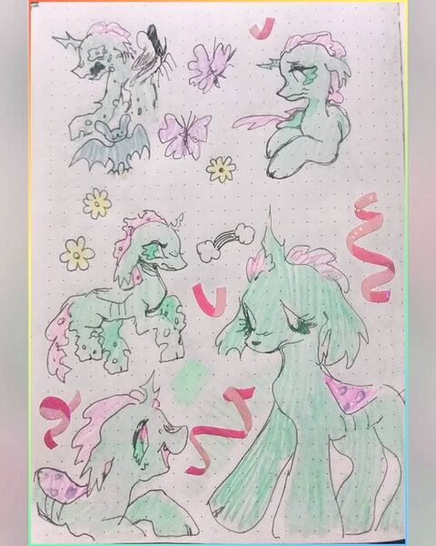 Size: 640x800 | Tagged: safe, artist:larvaecandy, derpibooru import, ocellus, bat, butterfly, changedling, changeling, insect, pony, border, carapace, cloven hooves, colored sketch, female, filly, flower, foal, g4, green coat, green eyes, image, jpeg, lidded eyes, lying down, mint coat, open mouth, open smile, pink mane, pink tail, profile, rainbow, ribbon, sketch, sketch dump, smiling, standing, sticker, tail, traditional art, wingding eyes