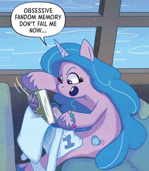 Size: 750x859 | Tagged: safe, artist:amy mebberson, derpibooru import, idw, izzy moonbow, pony, seapony (g4), unicorn, g5, spoiler:comic, spoiler:g5comic, bag, book, bracelet, dialogue, dorsal fin, emanata, female, fin, fish tail, flowing mane, flowing tail, friendship bracelet, hoof hold, horn, image, jewelry, jpeg, mare, my little pony: set your sail, ocean, open mouth, open smile, pink eyes, saddle bag, scales, seaponified, seapony izzy moonbow, sitting, smiling, solo, species swap, speech bubble, tail, teeth, underwater, unshorn fetlocks, water