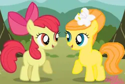 Size: 370x250 | Tagged: safe, artist:katiegirlsforever, derpibooru import, edit, edited screencap, screencap, apple bloom, oc, oc:orange bloom, unofficial characters only, earth pony, pony, season 1, the show stoppers, adorabloom, blank flank, cousins, cute, duo, female, filly, flower, flower in hair, foal, g4, image, jpeg, ocbetes, offspring, open mouth, open smile, parent:aunt orange, parent:uncle orange, parents:the oranges, raised hoof, raised leg, smiling