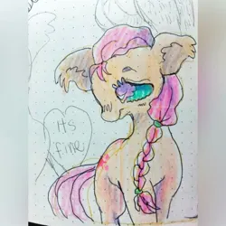 Size: 1080x1080 | Tagged: safe, artist:larvaecandy, derpibooru import, sunny starscout, earth pony, pony, g5, alternate eye color, big ears, blue sclera, blush scribble, blushing, braid, braided ponytail, ear fluff, ear tufts, female, floppy ears, frown, heart, image, jpeg, lidded eyes, long mane, mare, orange coat, pink mane, pink tail, ponytail, profile, purple eyes, solo, standing, tail, tied mane, traditional art